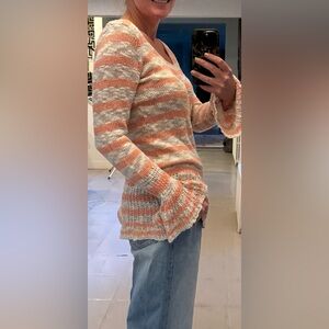 Free People Pink White Striped Cotton Silk Bell Sleeve Tunic Dress M